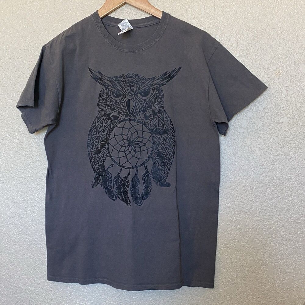 Men’s T-shirt Medium Owl With‎ Dream Catcher Dark Grey Brown Casual